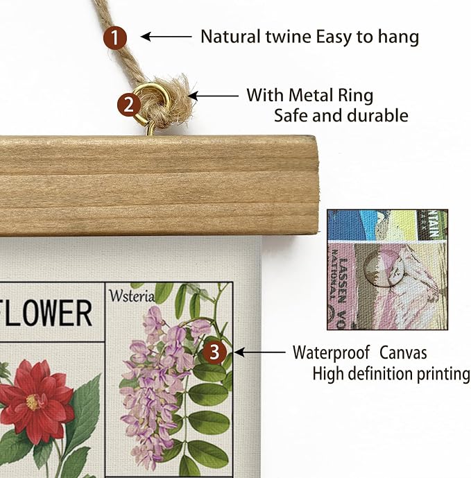 Vintage Spring Flower Poster Print, Botanical Educational Illustration, Rustic Wooden Hanger Frame, Linen Canvas Wall Art Decor, Farmhouse Cottagecore Style for Living Room Bedroom Office (16" x 23")