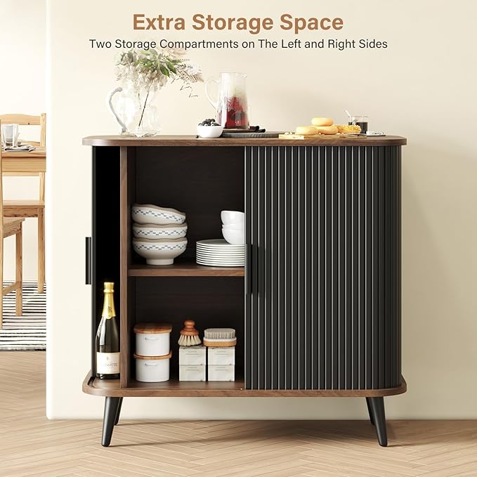 Accent Cabinet with Sliding Doors - Black Sideboard Buffet Cabinet with Storage for Coffee Bar, Console Table - MCM Design Bar Cabinets for Modern Home Décor Set 3