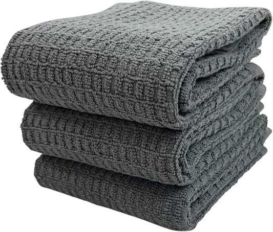 Waffle Grey Kitchen Dish Towels 100% Cotton Cloth Soft Cleaning Drying Absorbent Terry Box Loop: Set of 3 Multipurpose for Everyday Use (Grey Box)