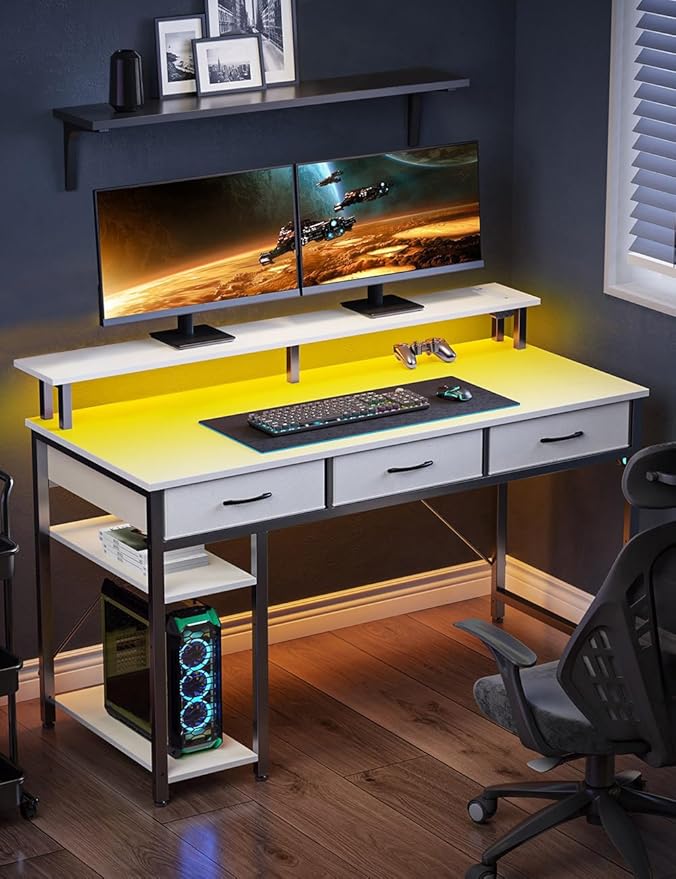 Rolanstar Computer Desk with Power Outlets & LED Light, 39 inch Home Office Desk with 3 Drawers and Storage Shelves, Writing Desk with Monitor Stand, Work Desk for Home Office,White