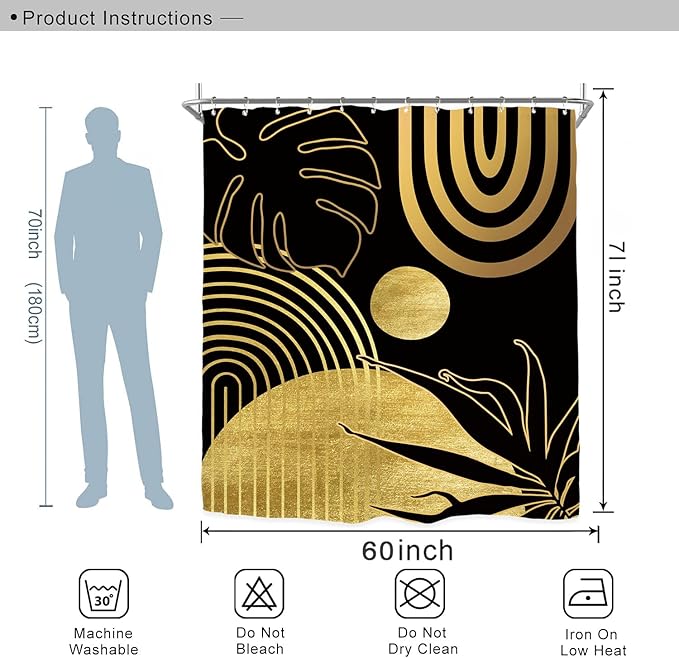 Miyotaa Abstract Modern Shower Curtain Set 60Wx71H Inches Minimalist Aesthetic Black Gold Contemporary Plant Monstera Leaves Geometric Polyester Waterproof Bathroom Curtain with 12 Hooks
