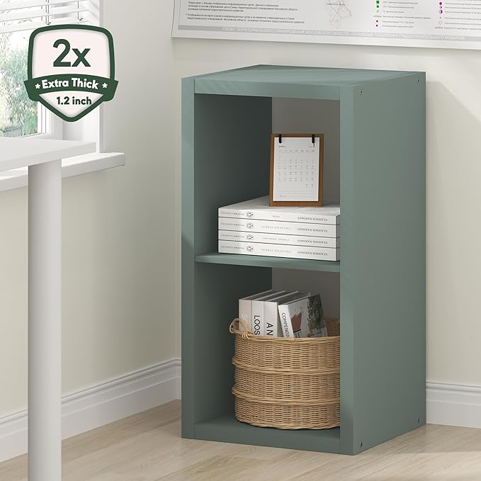 Furinno Cubicle Book Shelf, 2-Cube Bookshelf, Extra Thick Frame Horizontally & Vertically Reversible Bookcase with Open Back, 14.6" x 16" x 30", for Living Room, Bedroom, Home Office, Sage Green