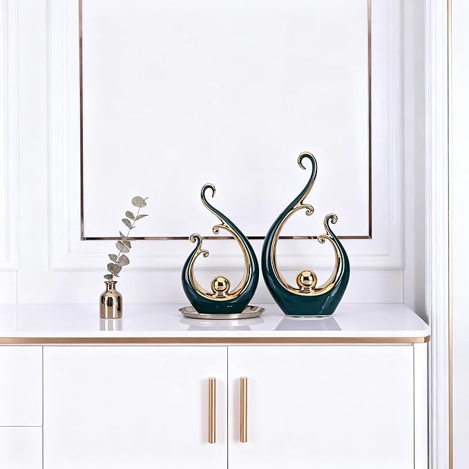 DOVDOV Green and Gold Home Decor, Abstract Ceramic 2-Piece Sculpture Set, Modern mid-Century Art Statues, Perfect for Accent Tables, countertops, Coffee Tables, and entryway Decor.