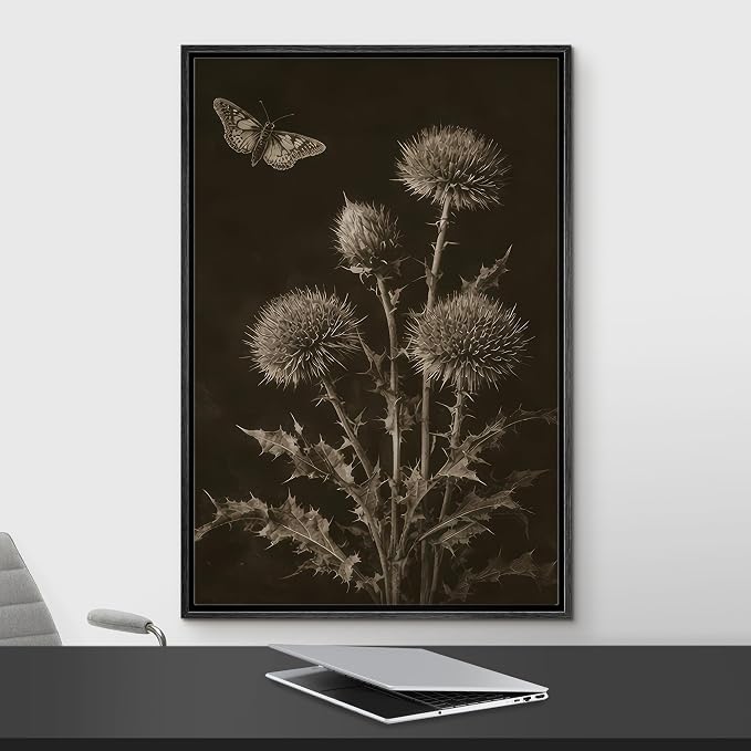 Woodrose Framed Canvas Print Wall Art Sepia Botanical Thistle with Butterfly Vintage Illustrations Modern Art Minimalist 3D Colorful Ultra for Living Room, Bedroom, Office - 24"x36" BLACK