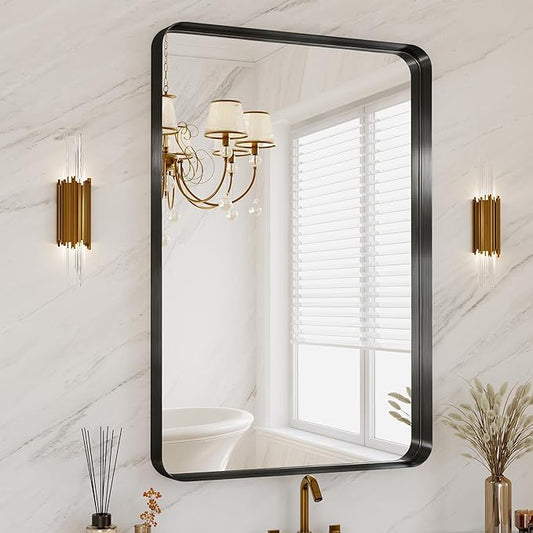 40X30 Inch Black Metal Framed Bathroom Mirror for Wall, Matte Large Rounded Rectangle Vanity Mirror Farmhouse,Anti-Rust, HD Tempered Glass, Horizontally or Vertically Hanging