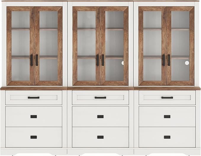 WAMPAT 3 Column 73.3" Tall Bookcase with Glass Door, 94.5" Wide Rustic Wood Bookshelves with Chest of Drawers, Modern Farmhouse Display Cabinet with Adjustable Shelves for Home,Office,White&Oak