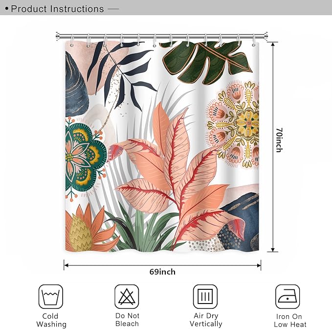 Abstract Mid Century Bathroom Curtain Colorful Boho Tropical Leaves Shower Curtain with Hooks Polyester Waterproof Fabric Home Bathtub Decorative, 69x70 Inch
