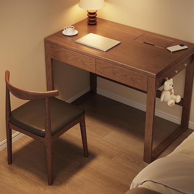 2-Drawer Writing Desk, Mid Century Modern Desk with Cable Management Box, Small Wooden Vintage Computer Desk, Study Table for Home Office(80x55x75cm, Brown)