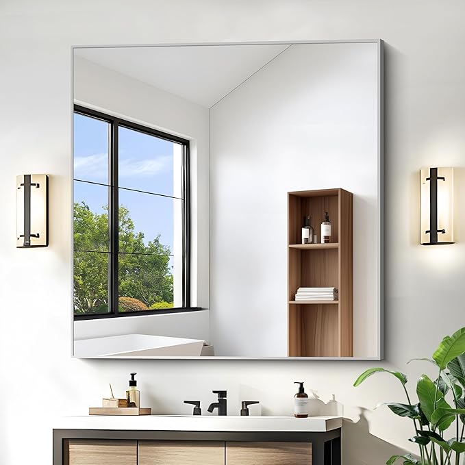 KOCUUY Silver Mirror, 42"x42" Square Bathroom Mirror for Wall, HD Tempered Glass, Anti-Rust Frame, Modern Design for Bathroom, Bedroom, Living Room, Entryway