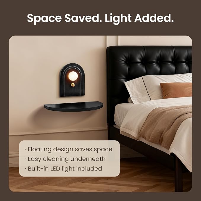 AELS Mid-Century Modern Floating Shelf with Rechargeable Type-C LED Wall Light, Space-Saving Wooden Wall Mounted Bedside Shelf for Bedroom or Dorm, Black