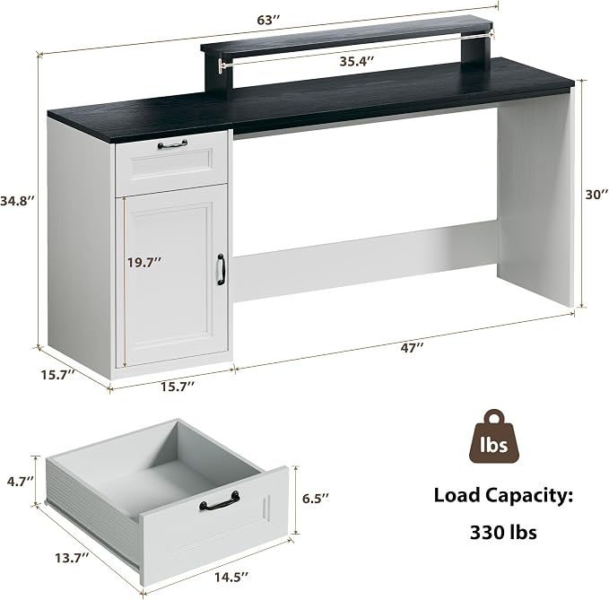 HUAHUU 63" Farmhouse Executive Desk with Drawers, Modern Computer Desk with Power Outlets, Office Writing Desk with Monitor Stand & Storage Cabinet, Printer Shelf, Antique White