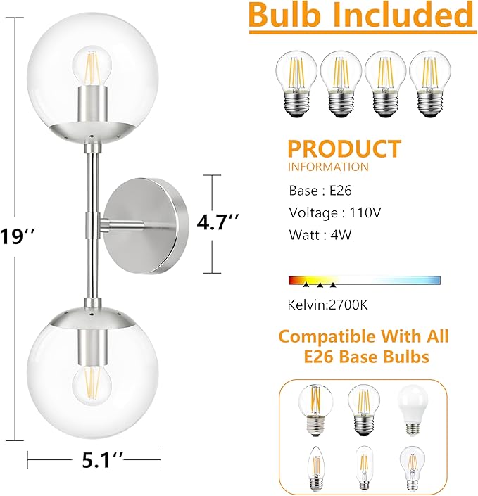 KoKo&Yukina Nickel 2 Light Vanity Light Fixtures Mid Century Modern Bathroom Vanity Light Globe Sconce with Clear Glass for Bathroom Bedroom