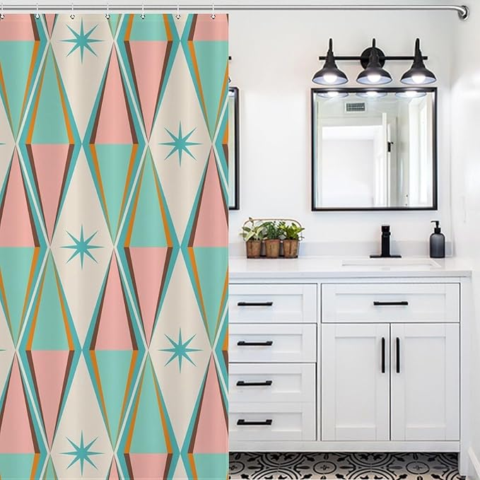 Mid Century Shower Curtain,Modern Abstract Atomic Retro 60s Geometric Fabric Bathroom Decor Curtains with Hooks 72x72in（183x183cm）