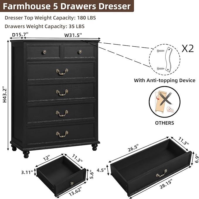 Farmhouse 6 Drawer Dresser Set of 2 for Bedroom, 42" Tall Rustic Chests of Drawers w/ 4 Solid Wood Feet, Mid Century Vintage Wooden Closet Storage Dressers Organizer for Living Room,Black