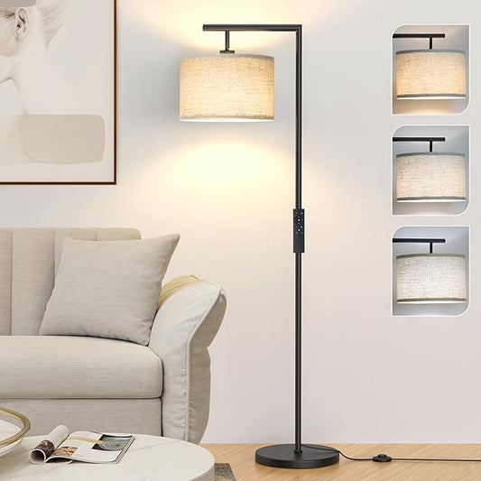 Floor Lamps with Remote Control and Stepless Dimmable Color Temperature and Brightness Standing Lamp with Adjustable Beige Linen Lampshade Pole Lamp for Bedroom Office, 9W Bulb Included, Black