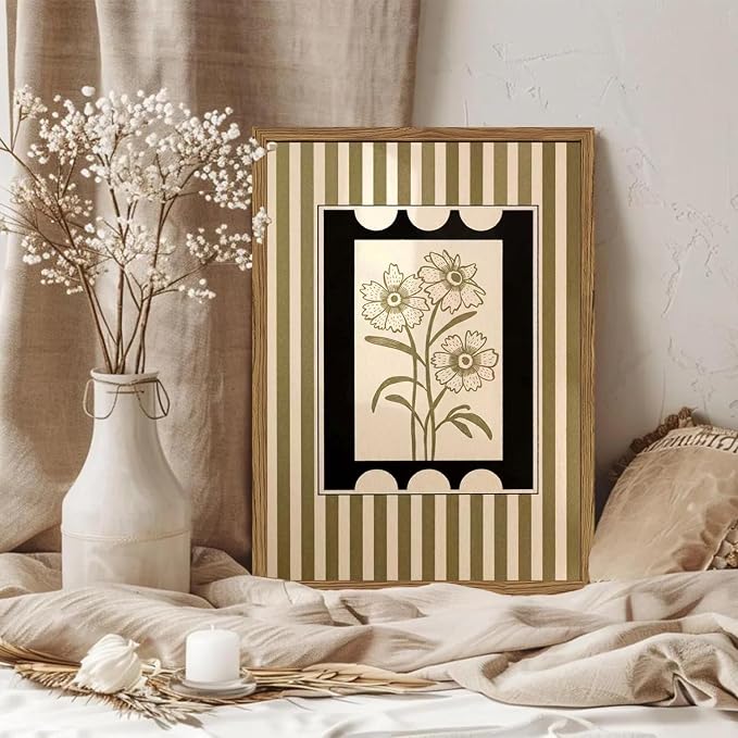 Modern Boho Flower Wall Art Abstract Plant Floral Wall Decor Painting, Vintage Botanical Striped Poster Canvas Print Picture for Living Room Bedroom 12x16 inch Wood Framed