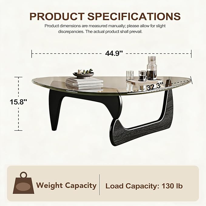 Morden Coffee Table, 44.9″×32.3″×15.8″ Coffee Tables for Living Room, with Triangle Tempered Glass Top & Wood, Abstract