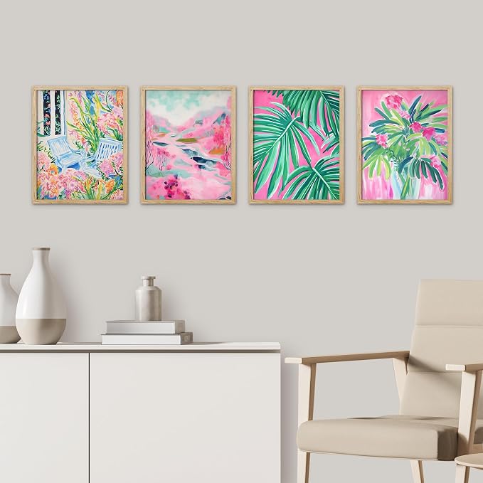 SIGNWIN Framed Tropical and Floral Bright Botanical Preppy Room Decor Pink Decor Digital Art Modern Art Decorative Multicolor Scenic for Bedroom - 11"x14"x4 Natural