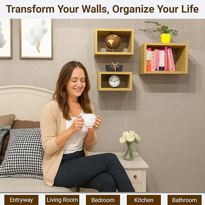 Premium Light Oak Floating Cube Shelves, Eco-Friendly Wood Box-Style Wall Storage Display Set of 3 — Pre-Assembled, Ready to Use, Modern Decorative Wall Shelf Units for Living Room, Bedroom & Office