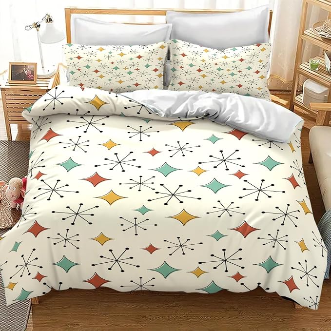 Modern Geometric Bedding Set,1950s 1960s Mid Century Vintage Abstract Atomic Stars Geometric Diamond Pattern Comforter Set with Pillowcase for Bedroom Bed Decor，Twin 86"x70"