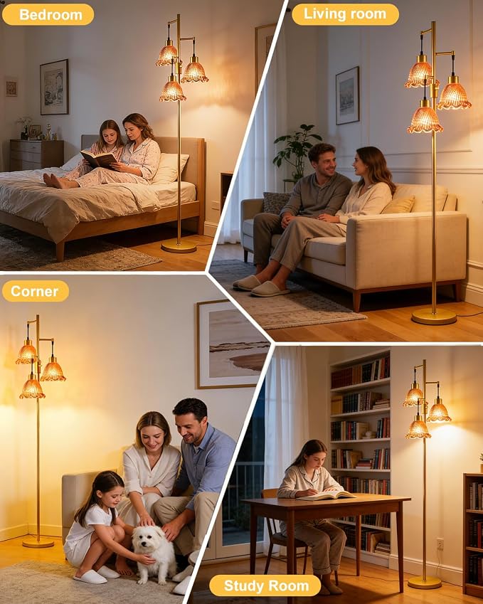 3-Light Modern Glass Floor Lamp, Gold Standing Tall Lamp with Deep Red Glass Shade for Reading, Dimmable LED Floor Lamp with 5Lbs Heavy Base for Living Room Bedroom Home Decor, Bulb Included