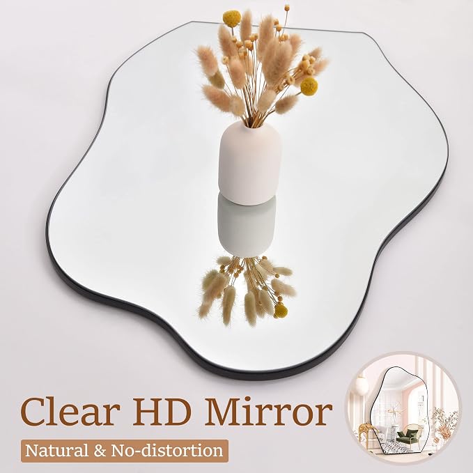 HARRITPURE Irregular Bathroom Mirror 20"x28" Black Modern Wall Mirror Wood Framed Asymmetrical Decorative Mirrors for Bedroom Living Room Entryway