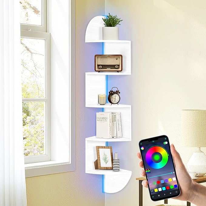 Corner Shelf Wall Mounted, 5 Tier Corner Bookshelf with Light, Corner Floating Shelves Display Shelf Stand for Bedroom, Bathroom, Living Room, Kitchen, Home, Office (White)