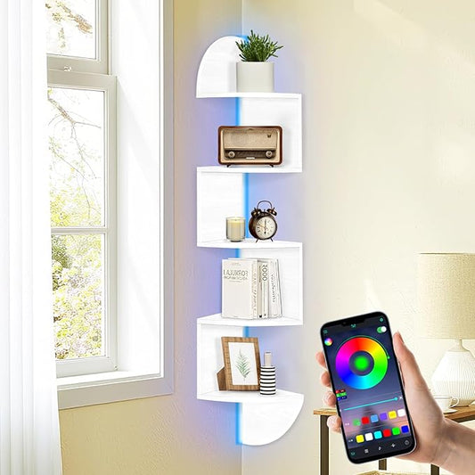 Corner Shelf Wall Mounted, 5 Tier Corner Bookshelf with Light, Corner Floating Shelves Display Shelf Stand for Bedroom, Bathroom, Living Room, Kitchen, Home, Office (White)