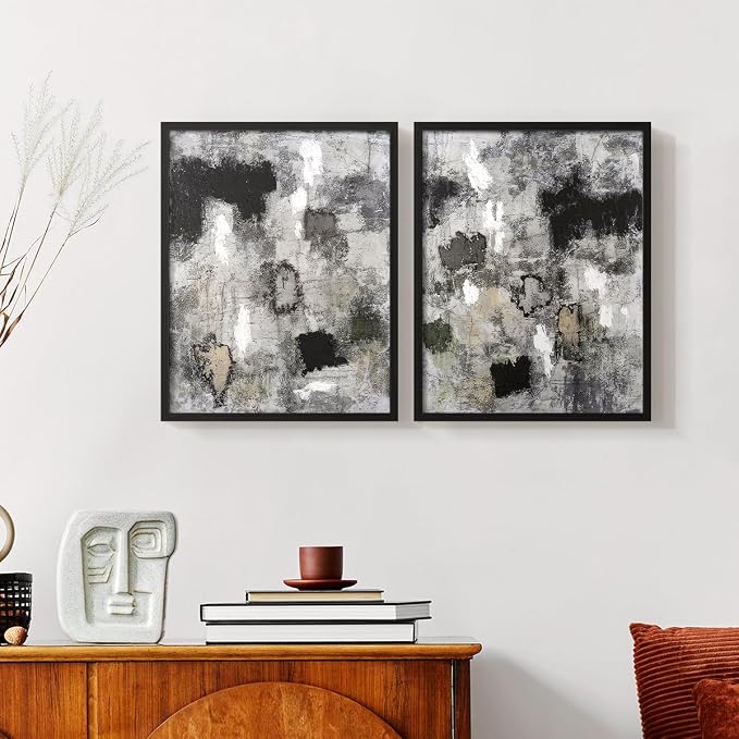 Renditions Gallery Set of 2 Peel & Stick Framed Prints, Abstract Wall Art, Hand Painted Black and White Pattern Wall Decor, Re-Stickable - Ready to Hang - 8"x10" - Black Frame LT588