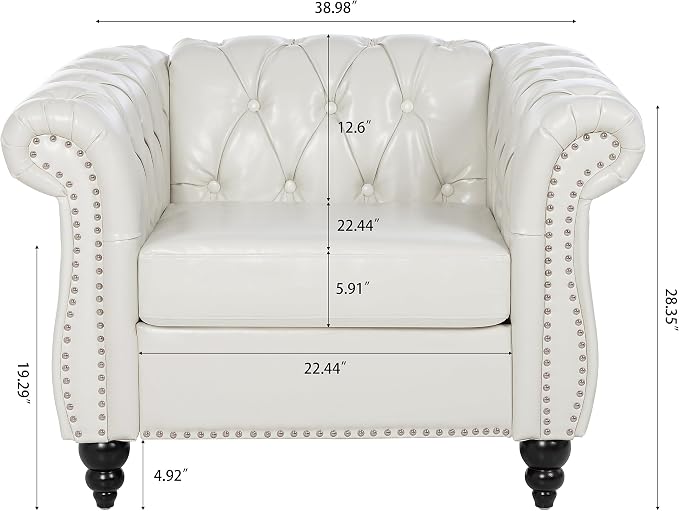 LEVNARY Leather Upholstered Armchair, Mid-Century Modern Single Sofa Chair with Rolled Arms and Nailhead, Tufted Pu Leather Chesterfield Chair for Home Bedroom Reading Room (Cream White)