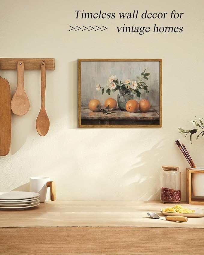 ARPEOTCY Framed Canvas Wall Art, Farmhouse Vintage Wall Decor, Oranges Still Life Painting for Country Kitchen Bedroom Shelf, Rustic Cottagecore Pictures Decorations, 8x10inch