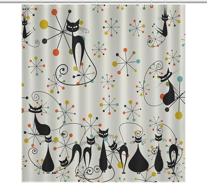Mid Century Atomic Cat Shower Curtains, Atomic Abstract Geometric Cat Retro Pattern Waterproof Shower Curtains for Bathroom Decor 12 Pack Hooks 66x72in（168x183cm）