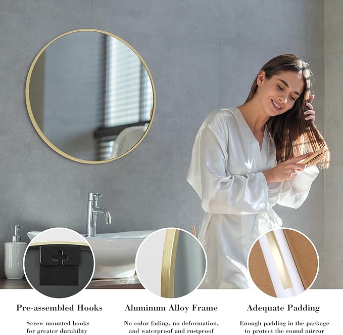 NEWBULIG Round Bathroom Mirror for Over Sink, 24 Inch Wall Mount Vanity Circle Mirror with Matte Metal Framed, Decor for Bathroom, Entryway, Bedroom, Gold