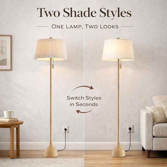 MOFFE 65" Mid Century Modern Vintage Real Wood Floor Lamp with 2 Shades for Two Looks, Sculptural Standing Lamp with Teardrop Base & Wooden Pull Chain for Living Room Bedroom Sofa Side (Bulb Included)