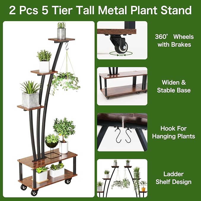 5-Tiered Tall Plant Stand Indoor, Cone-shaped Metal Plant Stand with Wheels and Hanging Hooks, Farmhouse Wood Plant Shelf Indoor for Living Room, Balcony, Garden, Rustic Brown (2 Pack)
