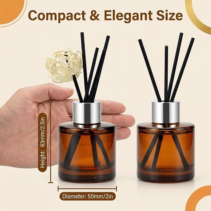 2Pcs 50ml/1.7oz Empty Refillable Amber Round Glass Diffuser Bottle with Silver Lid Diffuser Jars Containers Fragrance Accessories Use for DIY Home Crafts Decor