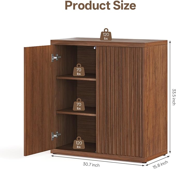 31” Sideboard Cabinet with Storage, Fluted Accent Cabinet with Adjustable Shelves, Modern Wood Credenza Cabinets with Pop-up Doors for Entryway Kitchen Living Room Hallway, Walnut 3pcs