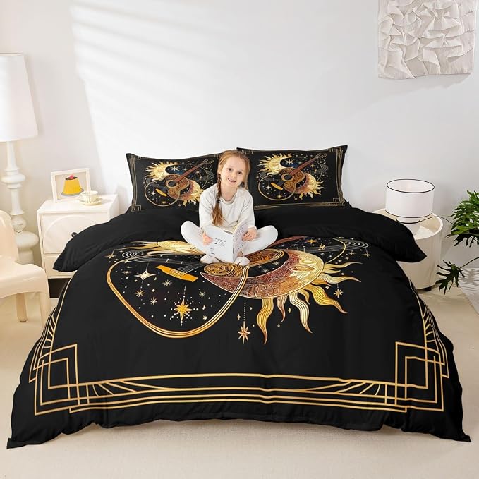 Erosebridal Boho Guitar Bedding Set Queen for Adults - Luxury Bohemia Sun Moon Duvet Cover Mystical Celestial Star Sky Comforter Cover,Romantic Music Guitar Bed Set