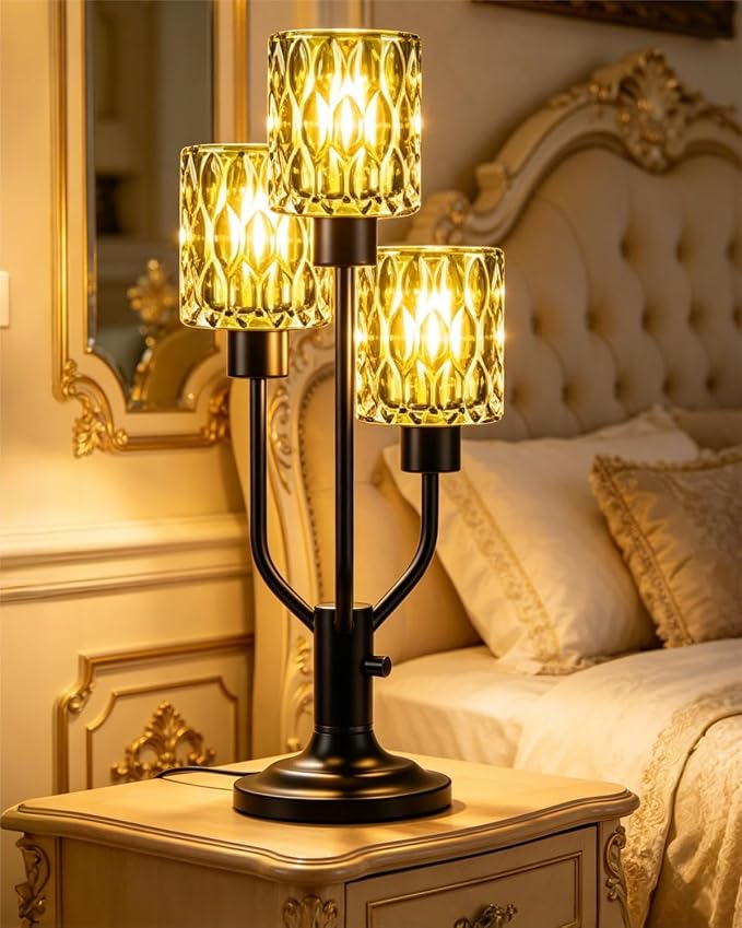 Lightdot Mid Century Modern Table Lamp for Living Room Dimmable Nightstand Lamp Black Vintage Desk Lamp Green Glass 3 Bulbs Included Warmwhite Ambient Bedside Lamp for Bedroom Home Office Decor Gift