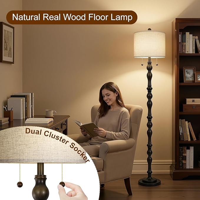 Scenekoy 65.5 Natural Real Wood Rustic Floor Lamp for Living Room Bedroom, Dual Pull Chains Switch, Wooden Base, Retro Farmhouse Tall Standing Lamp with Linen Shade for Living Room Office Home Room