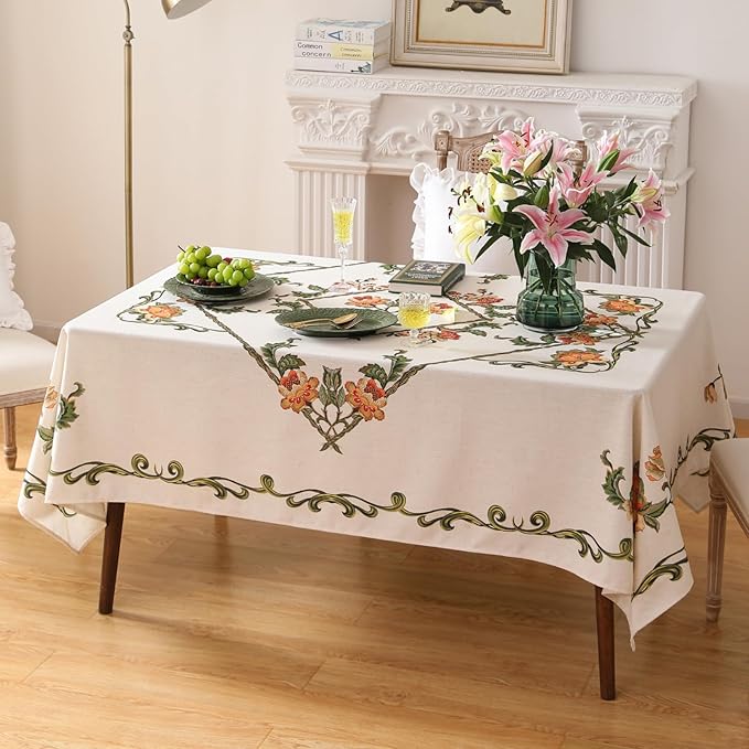 patdrea Designer Vintage Linen Rectangle Tablecloth,French Floral Tablecloths,Wrinkle Free Table Cloth,Decorative Table Cover Cloth for Kitchen,Dining,Tea Party,Home,Christmas,63"*94"