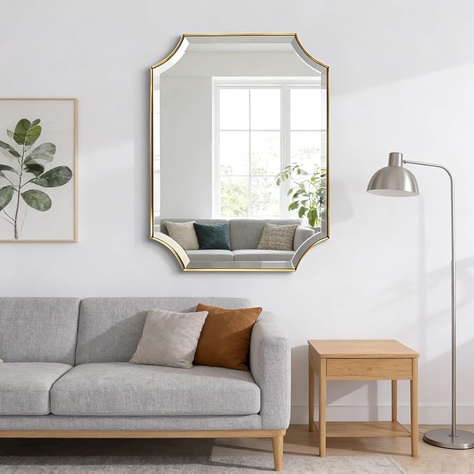 POZINO Beveled Vanity Mirror, 24"x36" Modern Bathroom Mirrors Over Sink, Rounded Rectangle Mirrors with Stainless Steel Frame, Brushed Brass Wall Mirrors for Bedroom Living Room Fireplace Entryway
