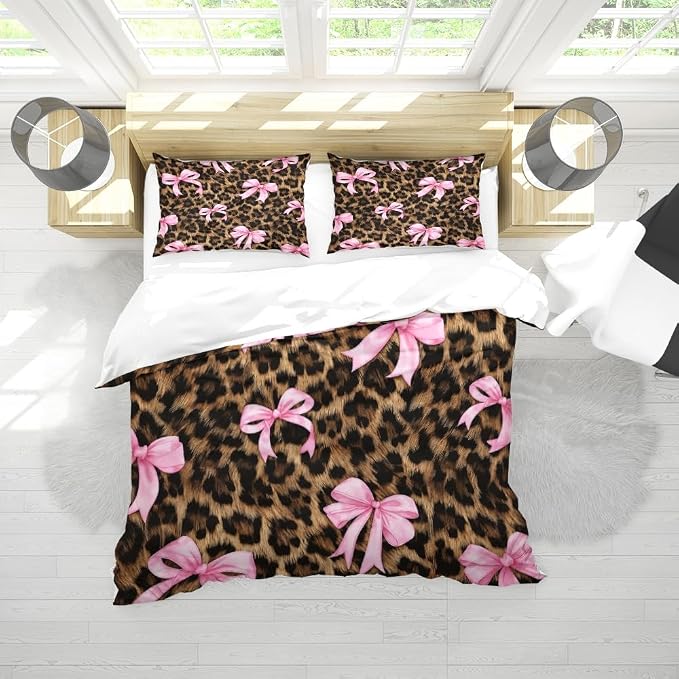 Pink Bow Leopard Duvet Cover Twin Size Black Brown Cheetah Print Bedding Set,Dreamy Princess Style Girls Soft Bedding Set for Teens Trendy Preppy Girly Coquette Room Decor Twin Size 68"x88"