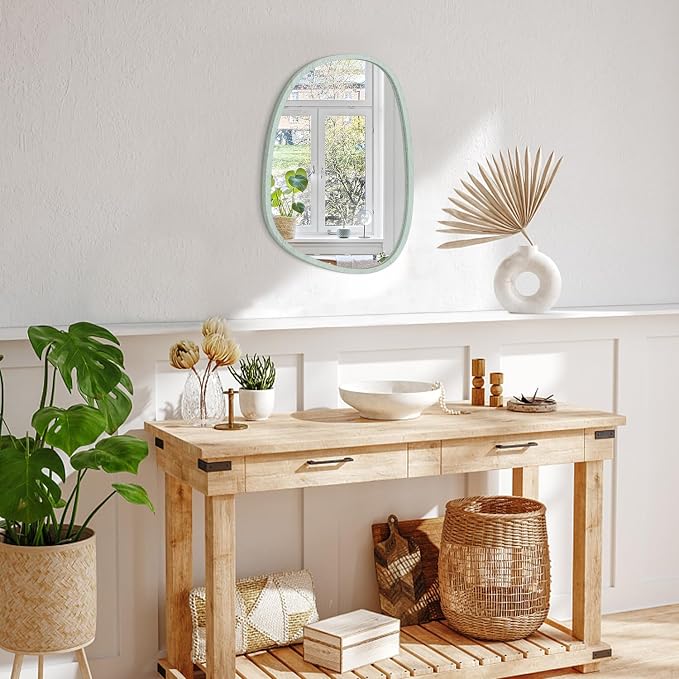 Green Wall Mirror Asymmetrical Irregular Wood Frame Mirror for Wall Unique Modern Wall-Mounted Artistic Oval Shape Small Mirror Decor for Bedroom Living Room Bathroom Entryway Hallway Vanity