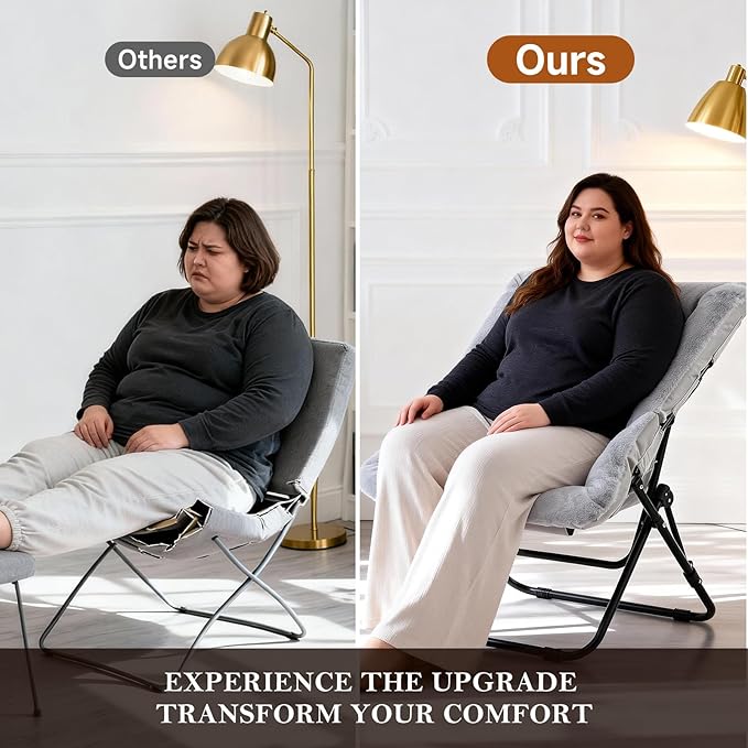Furlide Comfy Dorm Chair - Oversized Folding Saucer Chair with Soft Faux Fur, Metal Frame, for Bedroom, Living Room, Balcony, Patio, Study, Playroom (Grey)