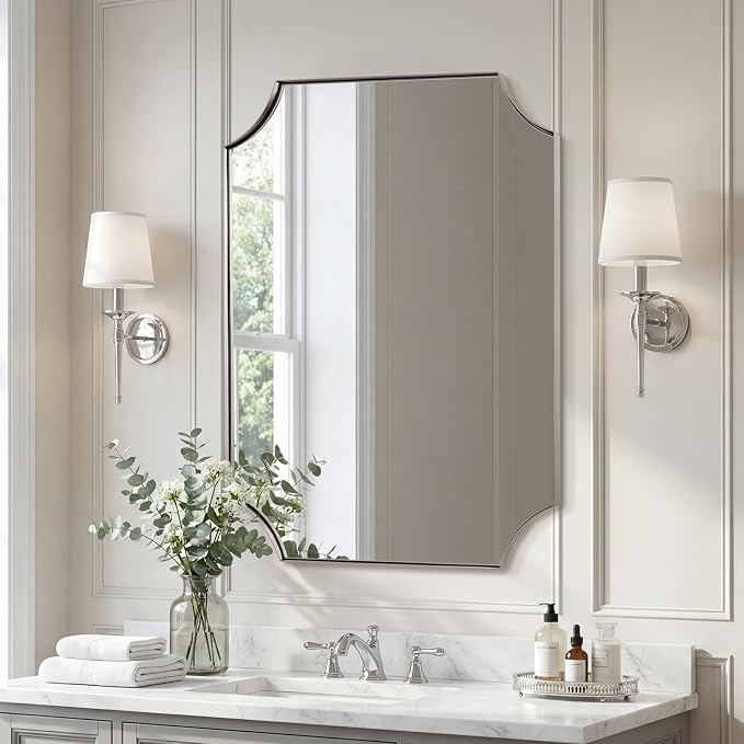 ANDY STAR 24"x30" Brushed Nickel Vanity Mirror, Scalloped Rectangle Mirror, Silver Wall Mirror in Rustproof Stainless Steel Thin Frame, Aesthetic Scalloped Corners, Designed for Bathroom Remodel