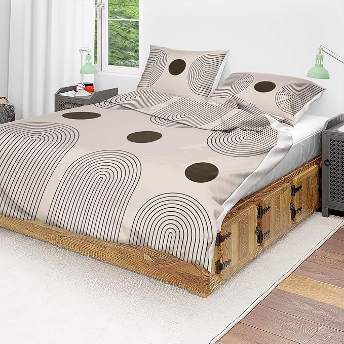 Boho Mid Century Modern Duvet Cover Set Black Beige Include 1 Duvet Cover 2 Pillowcases Abstract Geometric Sun Circles Bedding Set Boho Comforter Cover Microfiber Soft Bedding Sets 68"x88"