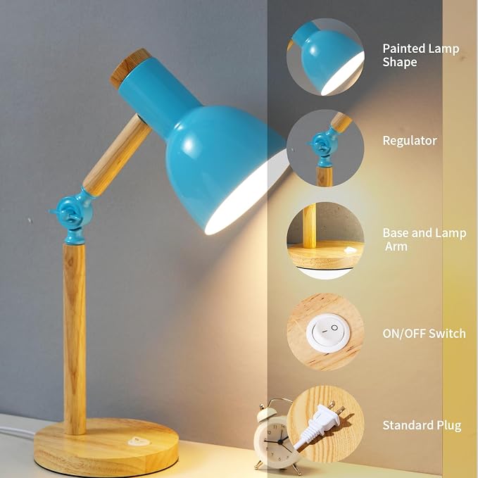 Desk Lamp,Wooden Adjustable Tri-Color Table & Bedside Lamp for Office, Living Room, Bedroom & Kids Room (Blue)