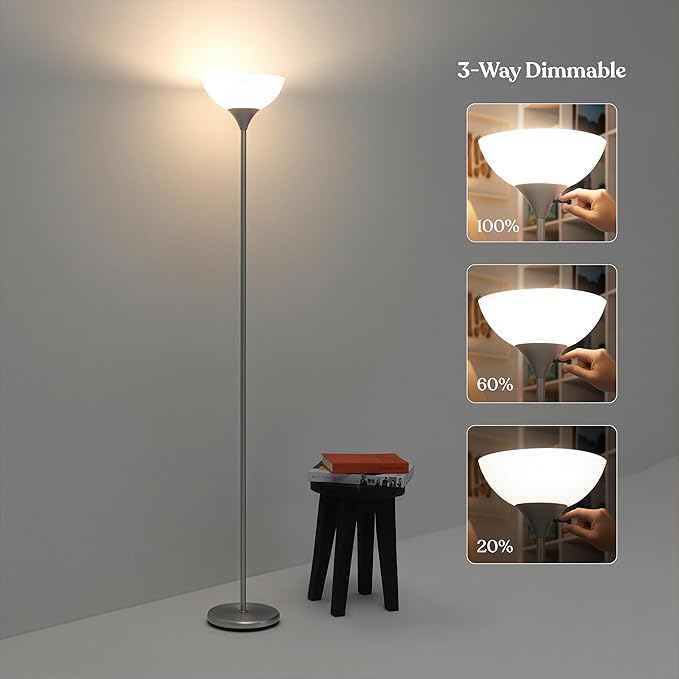 Brightech Sky Dome Dimmable LED Floor Lamp, Torchiere Floor Lamp for Living Room, Bedroom, & Office – Tall Torch Standing Lamp for Reading, Modern Home Decor – Platinum Silver