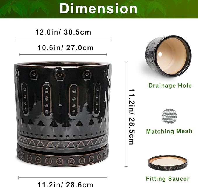 Eightpot Ceramic Pots for Plants - 12 Inch Large Planter with Drainage Hole and Saucer, Ceramic Flower Pots for Indoor Outdoor, Boho Round Planter, Patio Decor, Gifts for Plant Lover, Black
